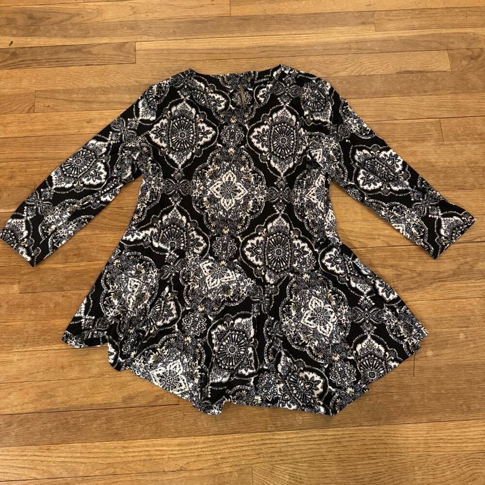 Roz & Ali black white 3/4 sleeve ruched asymmetrical tunic top mini dress M
 b13